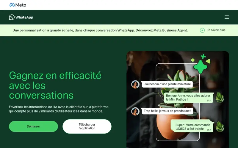 Page d’accueil WhatsApp Business en français