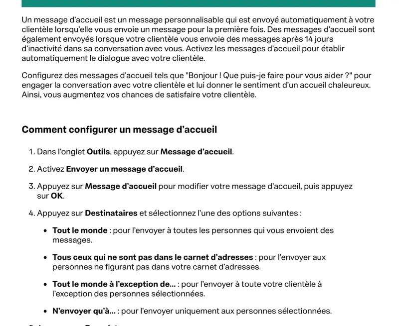 Étapes officielles pour configurer un message d’accueil dans l’onglet Outils de WhatsApp Business