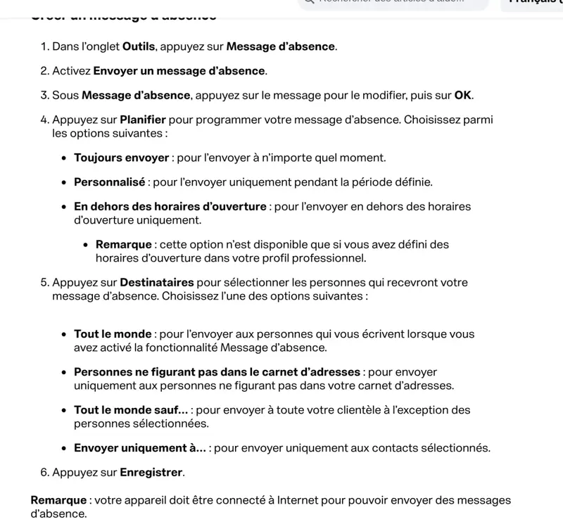Options de planification du message d’absence WhatsApp Business : toujours, personnalisé ou hors horaires d’ouverture