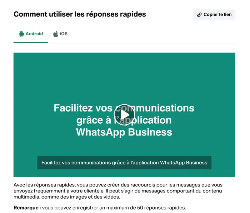 Page d’aide WhatsApp expliquant les réponses rapides et la limite de 50 réponses enregistrées