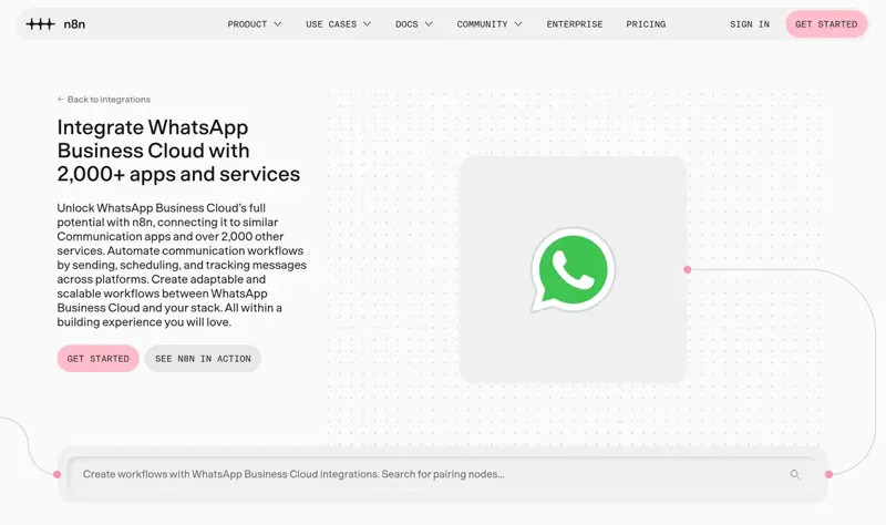 Page d’intégration WhatsApp Business Cloud sur le site de n8n