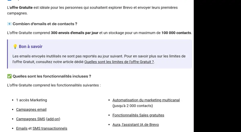 Centre d’aide Brevo indiquant que l’offre Gratuite comprend 300 envois d’e-mails par jour et 100 000 contacts