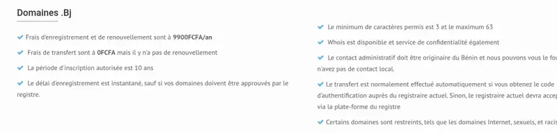Conditions des domaines .bj chez Afriregister Bénin : frais d’enregistrement et de renouvellement de 9900 FCFA par an, contact administratif originaire du Bénin