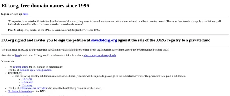 Page d’accueil du site EU.org qui propose des noms de domaine gratuits depuis 1996