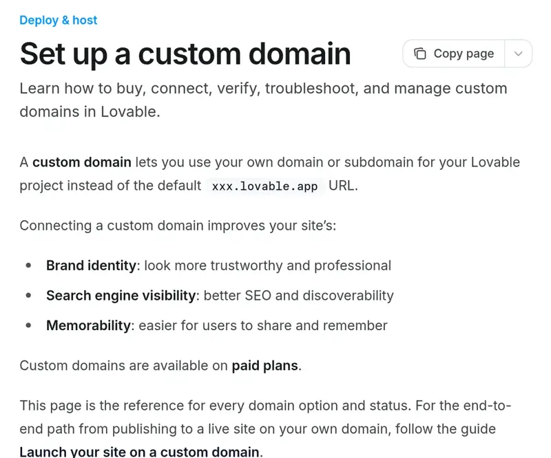 Documentation Lovable Set up a custom domain indiquant que les domaines personnalisés sont disponibles sur les forfaits payants à la place de l’adresse xxx.lovable.app