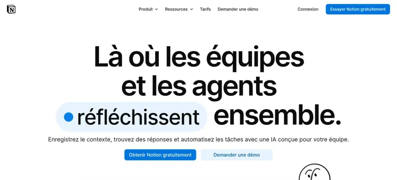 Page d’accueil du site officiel de Notion en français avec le bouton Obtenir Notion gratuitement