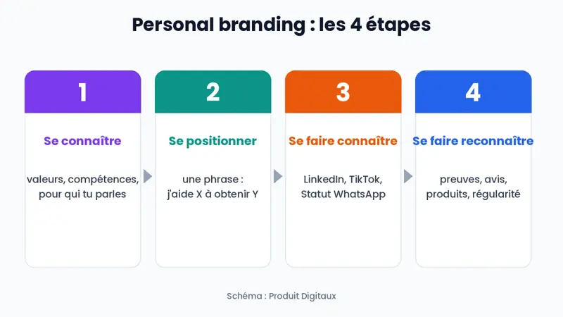 Schéma des 4 étapes du personal branding : se connaître, se positionner, se faire connaître, se faire reconnaître