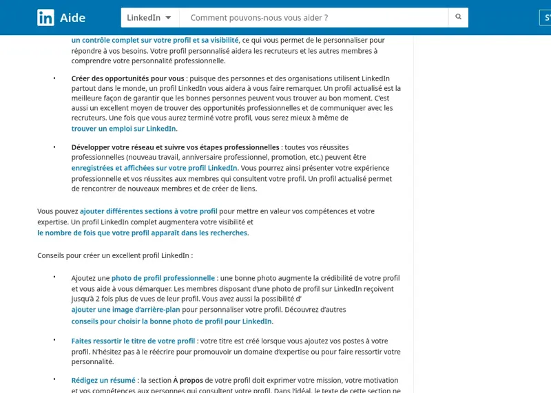 Capture de la page d’aide LinkedIn « Créer un profil efficace sur LinkedIn » avec les conseils sur la photo et le titre