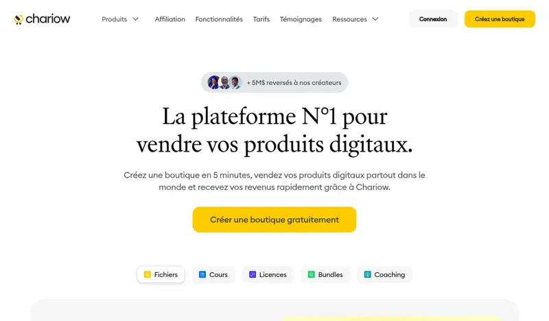 Page d’accueil de Chariow, plateforme pour vendre des produits digitaux