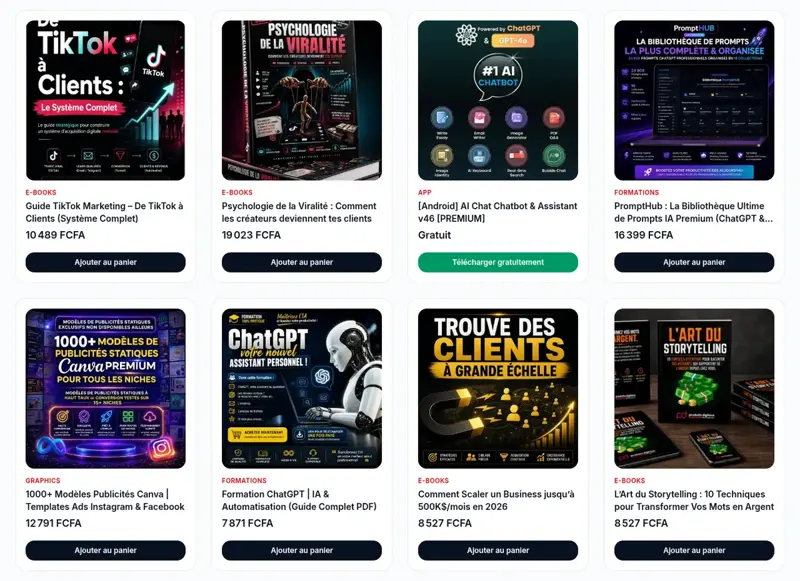 Catalogue de la boutique Produit Digitaux : guide TikTok, prompts IA, modèles Canva, formation ChatGPT et ebooks business, avec prix en FCFA