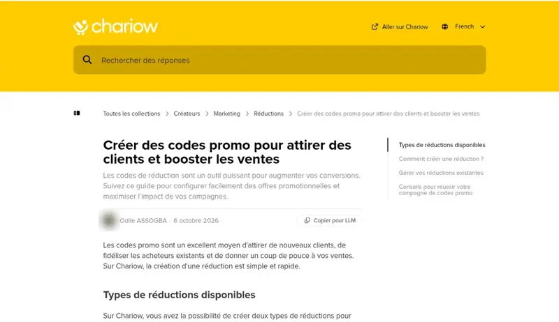 Article du centre d’aide Chariow expliquant comment créer des codes promo pour attirer des clients
