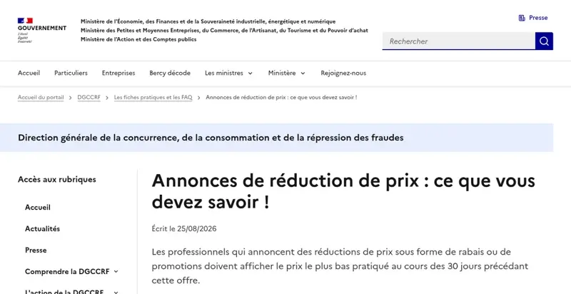 Fiche pratique de la DGCCRF sur economie.gouv.fr expliquant les règles des annonces de réduction de prix