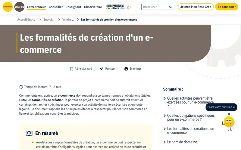 Page Bpifrance Création sur les formalités de création d’un e-commerce