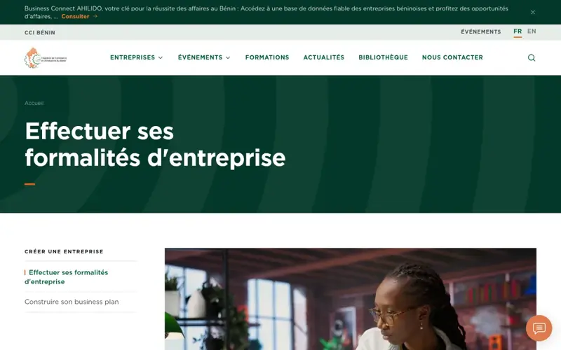 Page CCI Bénin « Effectuer ses formalités d’entreprise »