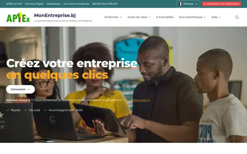 Page d’accueil MonEntreprise.bj — création d’entreprise au Bénin (APIEx)