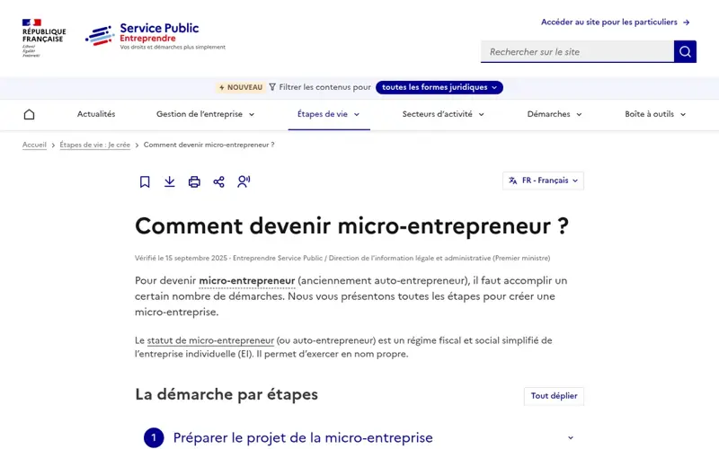 Fiche Service Public Entreprendre « Comment devenir micro-entrepreneur »