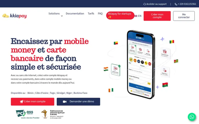 Page d’accueil de kkiapay, solution d’encaissement par Mobile Money et carte bancaire en Afrique de l’Ouest