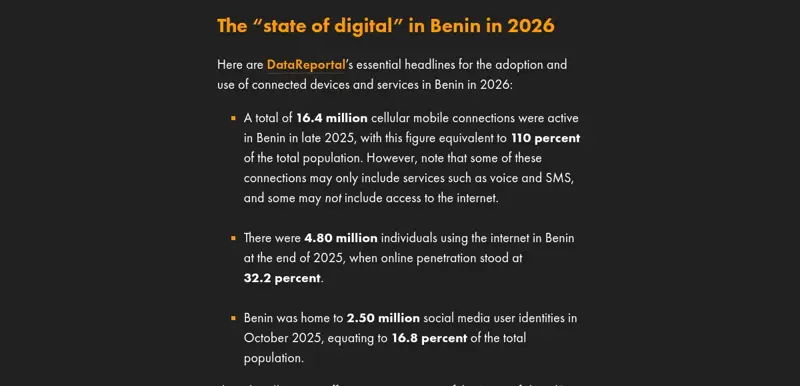 Chiffres clés du digital au Bénin en 2026 : connexions mobiles, internautes et réseaux sociaux