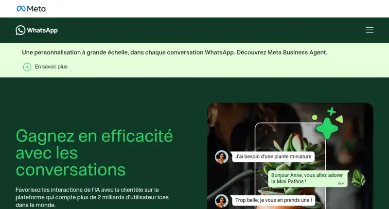 Page d’accueil officielle de WhatsApp Business en français