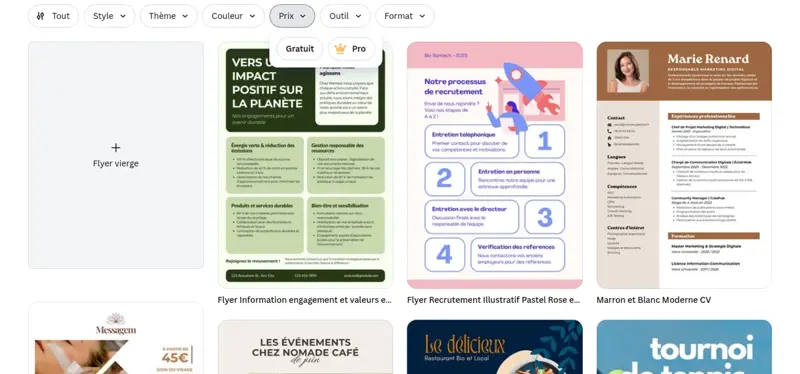 Filtre Prix sur la page des modèles de flyers Canva, avec les options Gratuit et Pro signalée par une couronne
