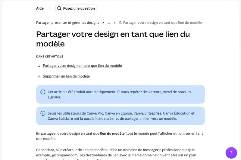 Article du Centre d’aide Canva expliquant comment partager un design en tant que lien du modèle
