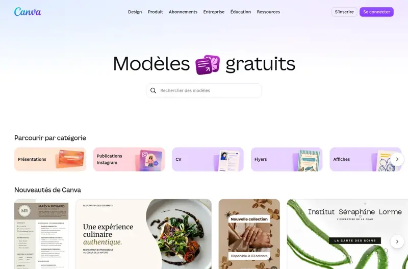 Page Modèles gratuits de Canva avec la barre de recherche et les catégories Présentations, Publications Instagram, CV, Flyers et Affiches