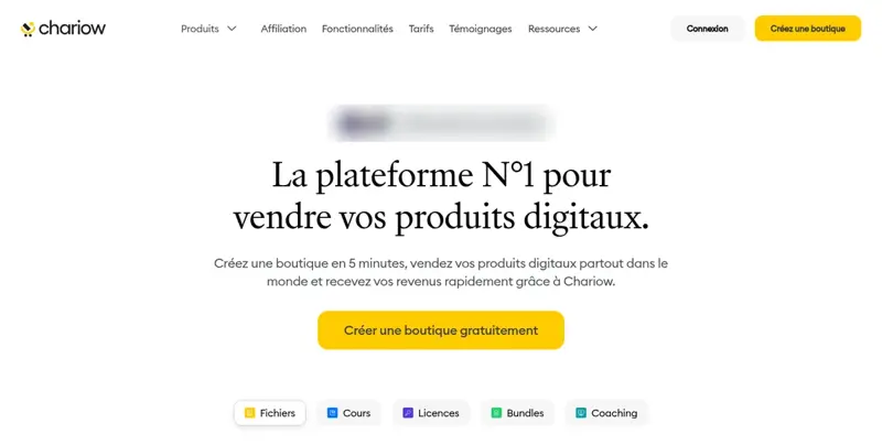 Page d’accueil de Chariow, plateforme pour vendre des produits digitaux