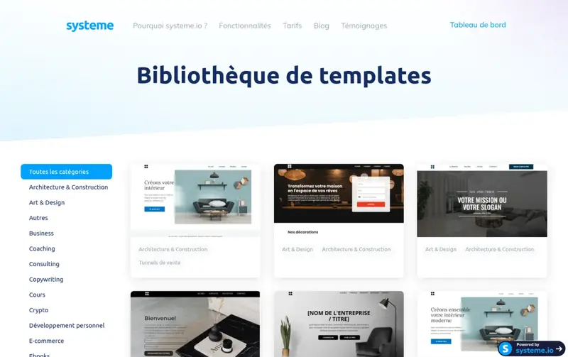 Bibliothèque de templates gratuits de tunnels de vente pour Systeme.io, classés par catégorie