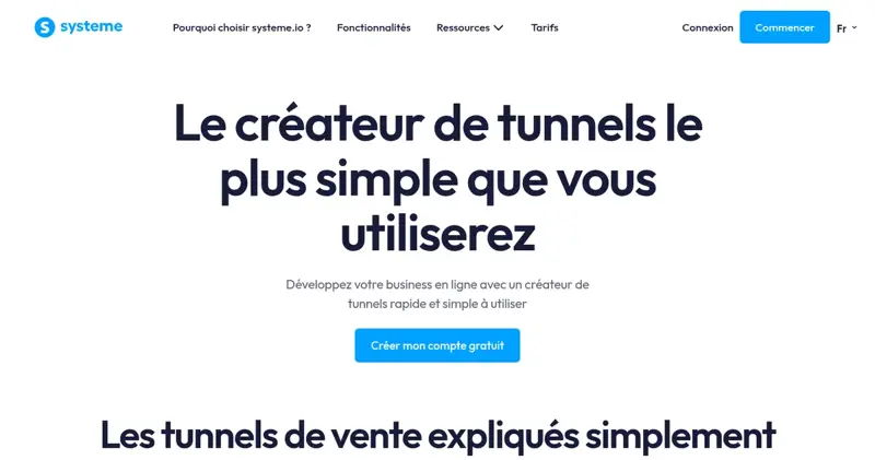 Page de présentation du créateur de tunnels de vente de Systeme.io