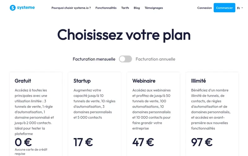 Page tarifs de Systeme.io montrant le plan gratuit à 0 euro avec 3 tunnels de vente et 2 000 contacts
