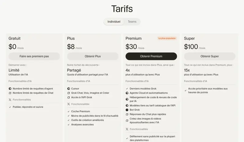 Page des tarifs de Cursor : plans Gratuit, Plus à 8 dollars, Premium à 30 dollars et Super à 100 dollars par mois