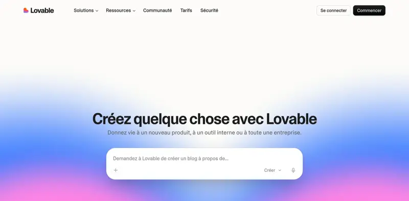 Page d’accueil de Lovable avec la zone de texte où l’on décrit son projet en français