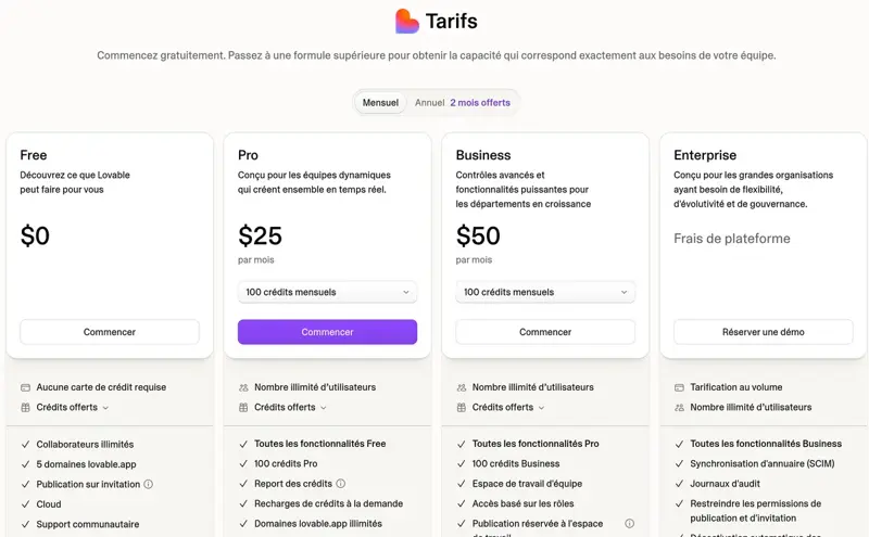 Grille tarifaire de Lovable : plans Free à 0 dollar, Pro à 25 dollars et Business à 50 dollars par mois