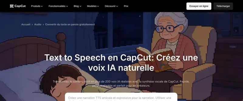 Page CapCut présentant la fonction Text to Speech qui transforme un texte en plus de 200 voix IA