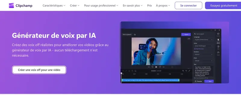 Page Clipchamp du générateur de voix par IA avec un aperçu de l’éditeur et du panneau de synthèse vocale