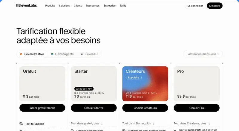 Page des tarifs ElevenLabs montrant les offres Gratuit à 0 dollar, Starter, Créateurs et Pro
