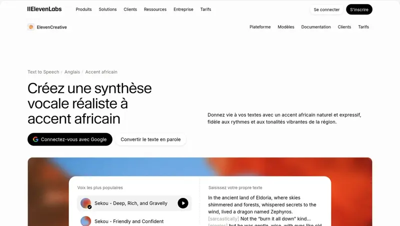 Page ElevenLabs Créez une synthèse vocale réaliste à accent africain, avec la liste des voix populaires dont Sekou